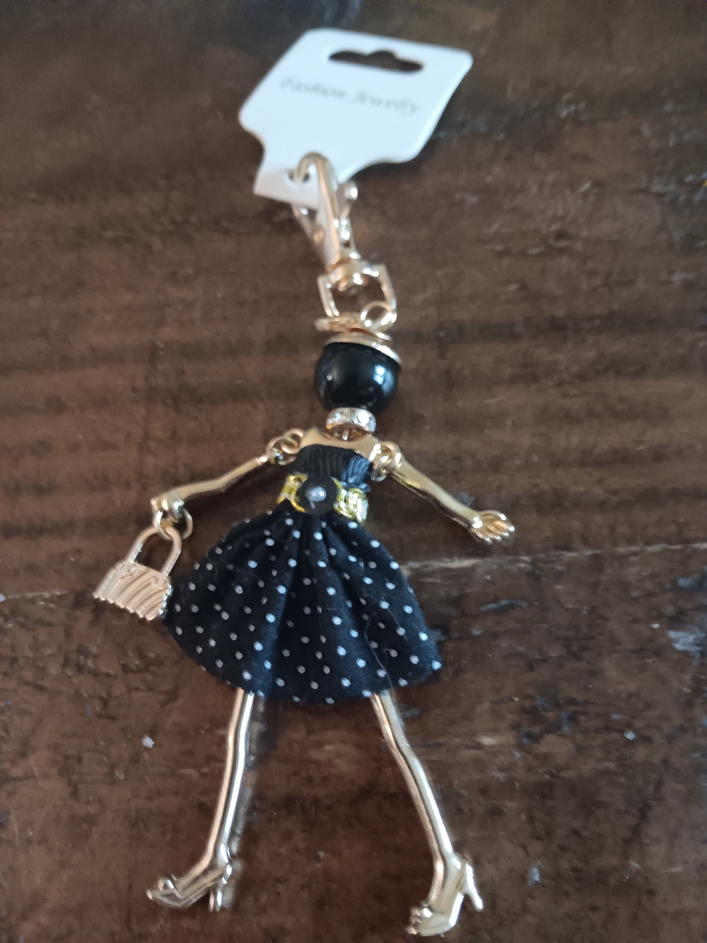 Gold Toned Doll Charm Keychain with Black Polka Dot Dress